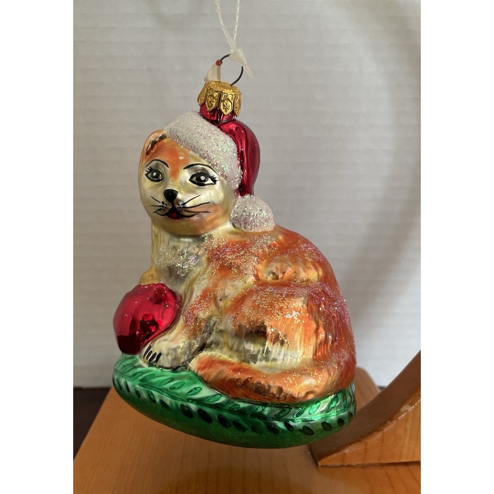 Vtg Christopher Radko Christmas Ornament Tabby Santa Hat Cat Green Bed Cat Lover